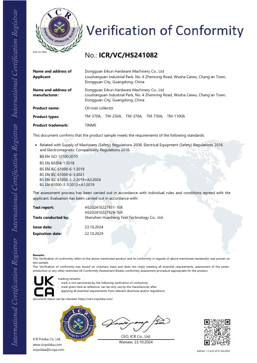 UKCA Verification of conformity, ICR/VC/HS241082